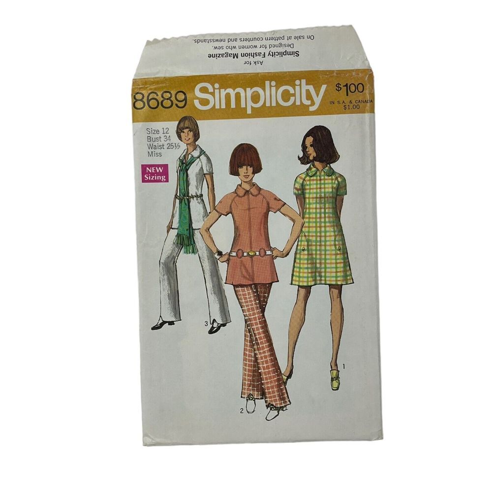 Vintage Simplicity Pattern 8689 Dress Tunic Shaped Leg Pants Size 12 circa 1970s